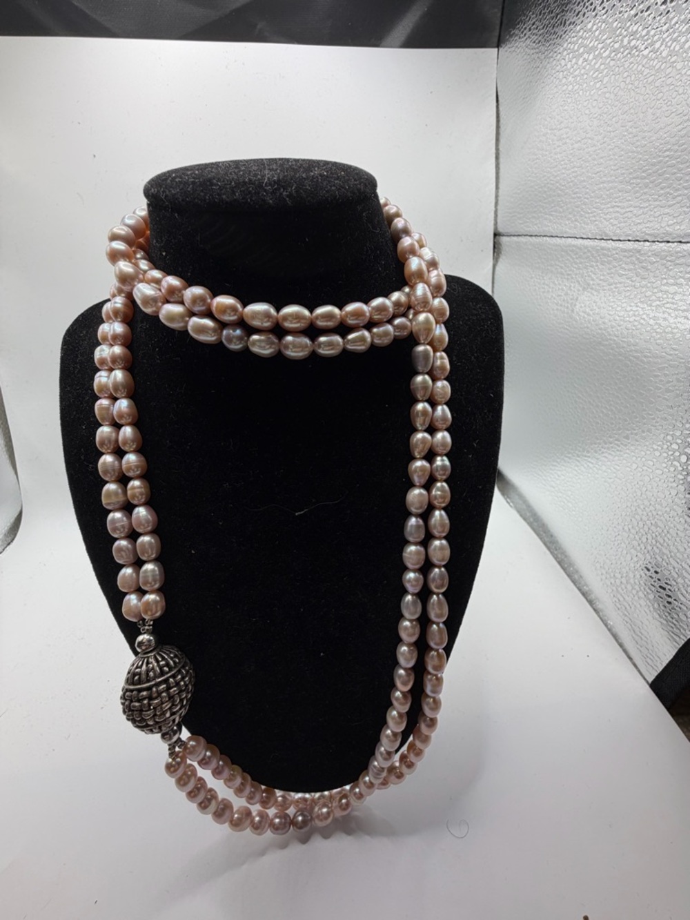Real Long Continuous Pink Pearl Double 2 Strand Necklace With Silver Ball Clasp